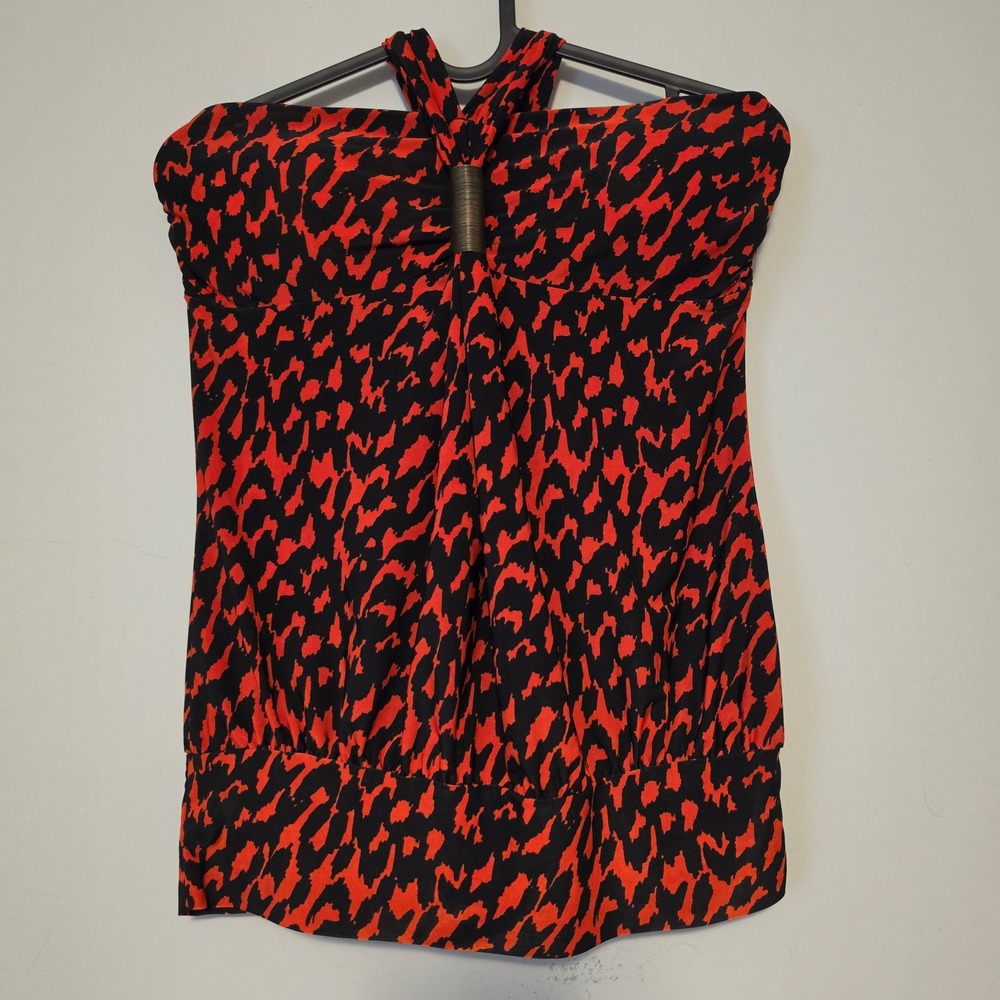 Seduction Red Black Animal Print Halter Tube Top Metallic Ring Detail Medium